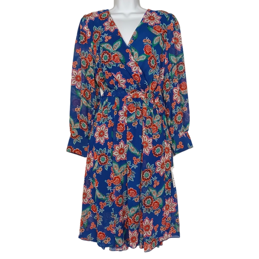 ENFOCUS STUDIO Royal Blue Colorful Floral Print Long Sleeve Dress 10 Medium NWT